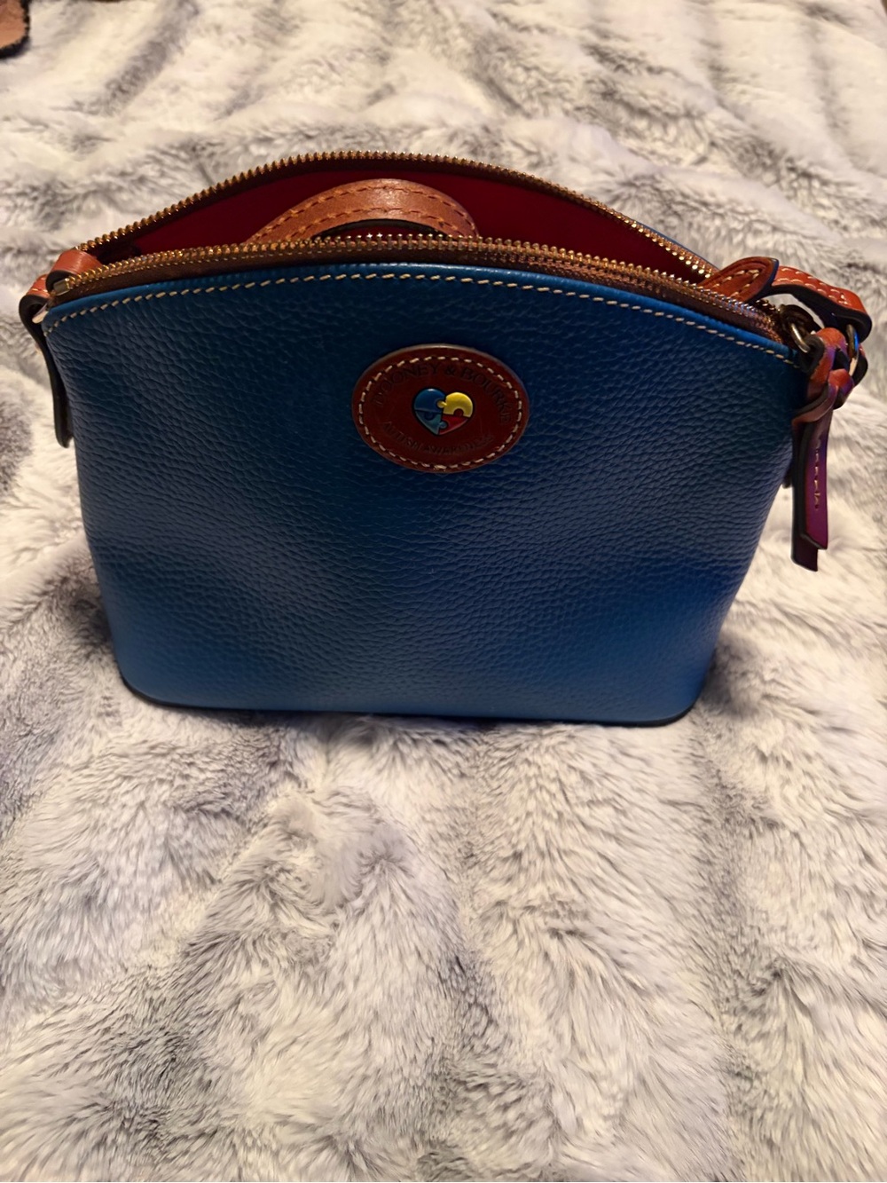 Dooney & Bourke Blue Pebble Leather Crossbody with Brown Trim